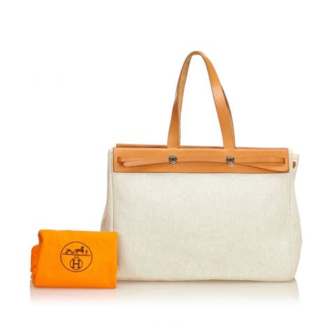 Hermes Tan and White Sac de Plage Cabas Tote Bag 